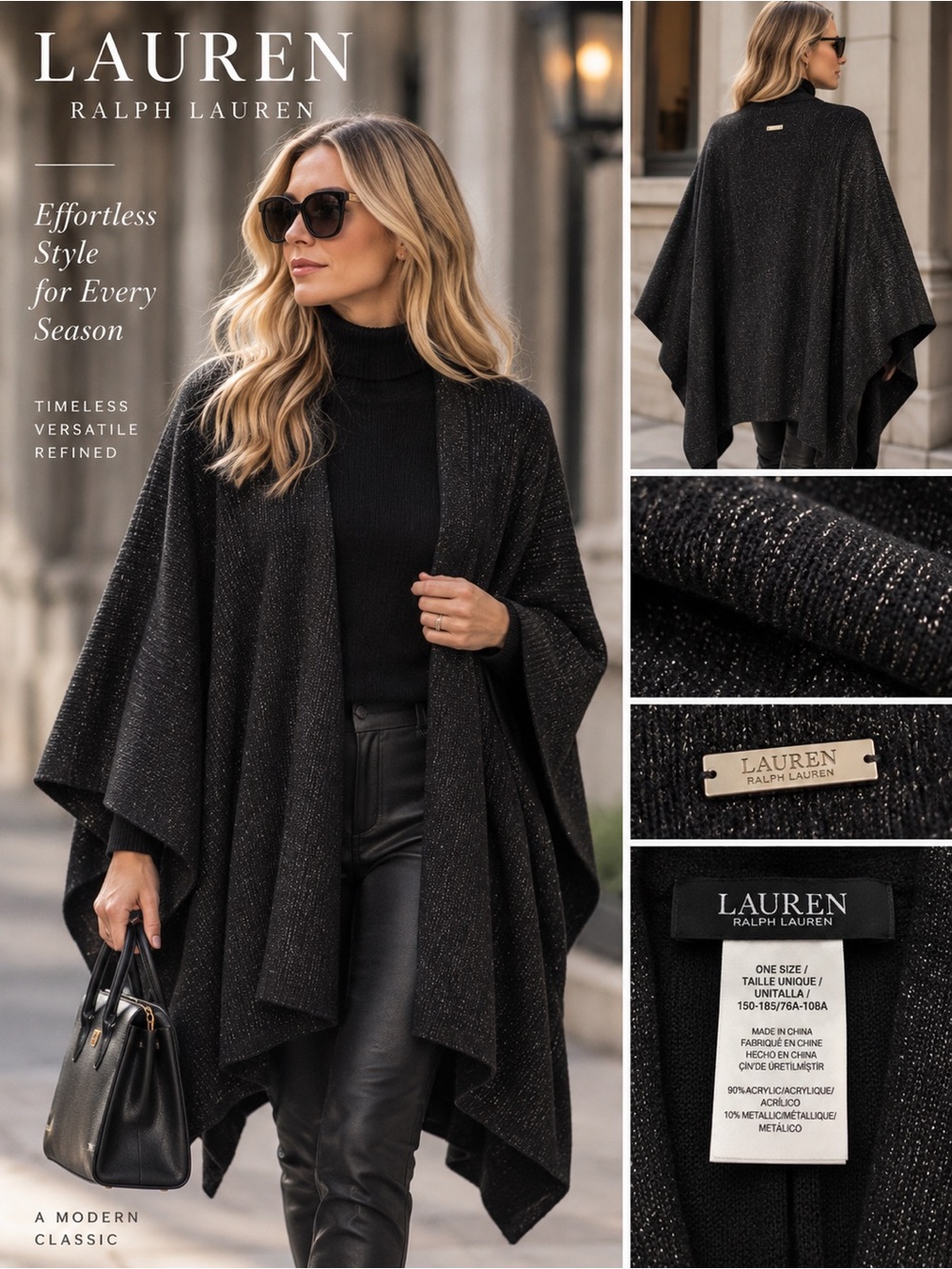 Lauren Ralph Lauren Jet Set Sparkle Knit Ruana Black NWT